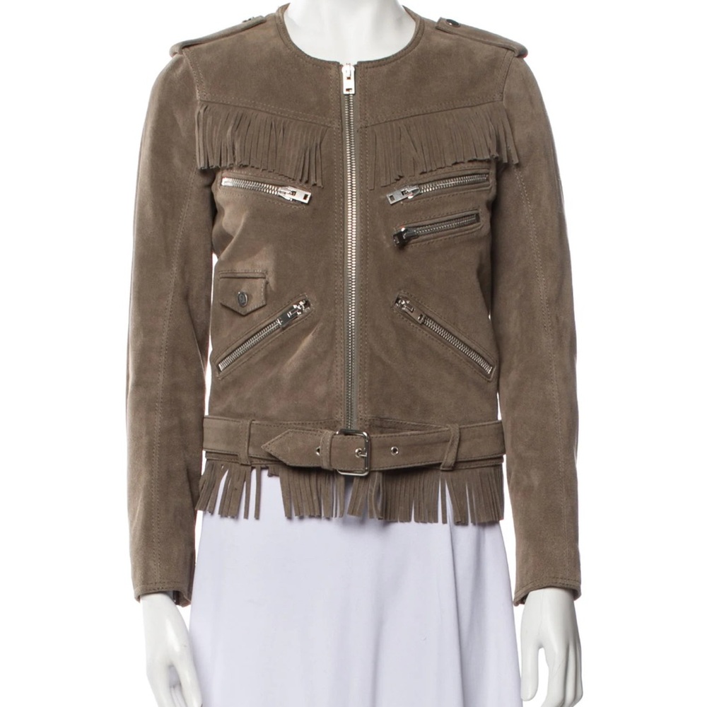 The Kooples Taupe Leather Jacket with Fringe